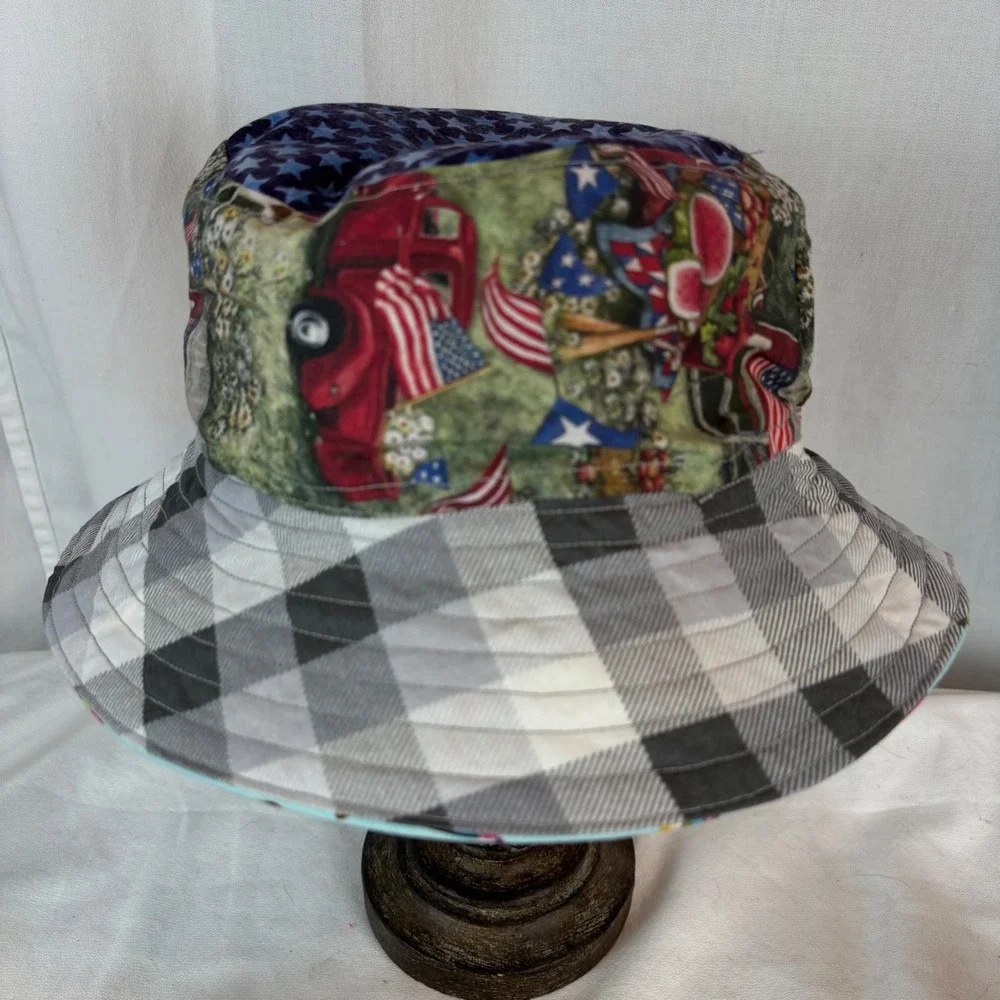 Handmade Kids Reversible Bucket Hat Americana Flamingo 20in Diameter